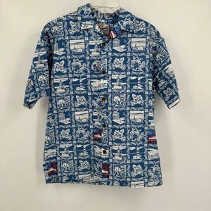 Hilo Hattie Pearl Harbor 75th Anniversary Hawaiian Shirt Mens Size S Blue Cotton